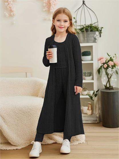 Stretchy Knitwear 3pcs Girls, Long Sleeve Shawl Knit Cardigan + Top + Leggings Kids Gift, perfect for casual outdoors & walking dog, Perfect for Outdoor