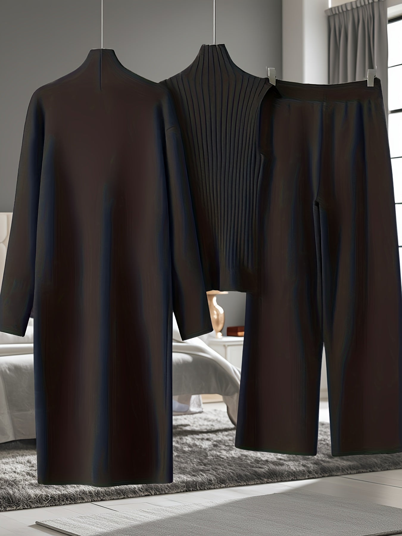 New Autumn And Winter Women'S Loose Set, Including Long Wide-Leg Pants, a Shawl Cardigan, And a High-Neck Vest Sweater, a Fashionable Three-Piece Set