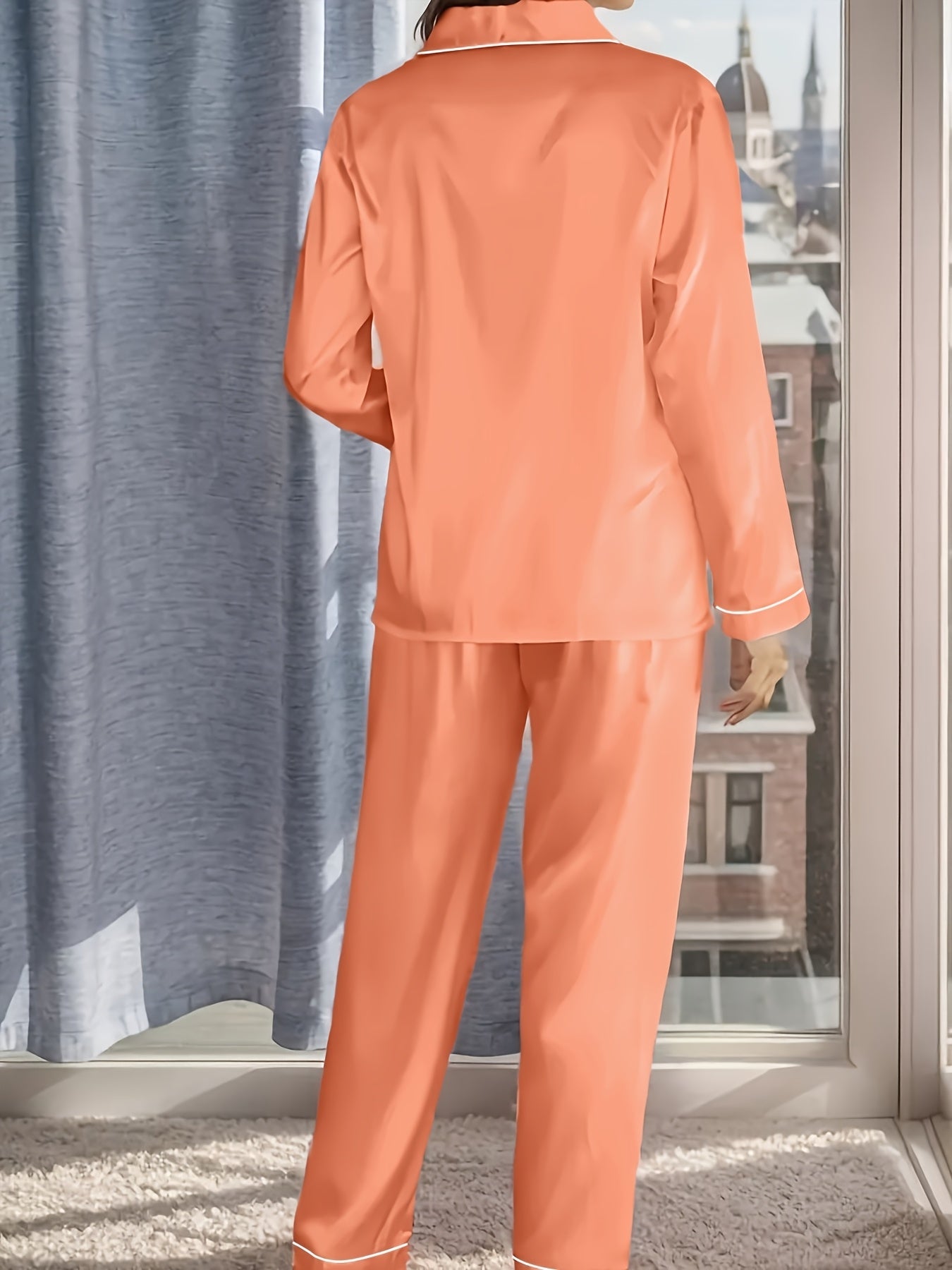 Women's Satin Casual Comfortable 1 Set 2pcs Pajama Outfit, Turn- Collar Long Sleeve Top & Elastic Waistband Trousers Women's Sleepwear