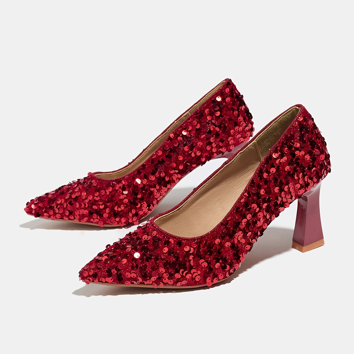 [Evening Party Wedding] Elegant High Heel Evening Party Wedding Dressy Shoes for Women, Pointed Toe, Chunky Heel, Sequin Embellishments Women Heels Red Shoes, Women Shoes