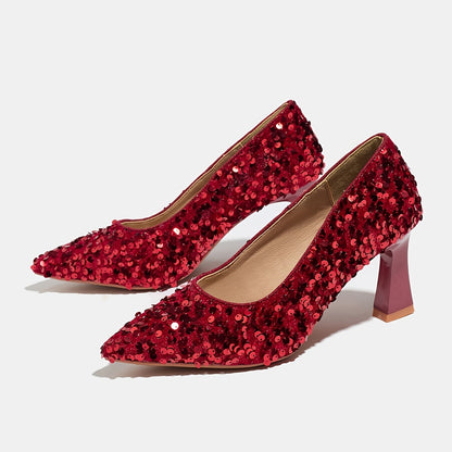 [Evening Party Wedding] Elegant High Heel Evening Party Wedding Dressy Shoes for Women, Pointed Toe, Chunky Heel, Sequin Embellishments Women Heels Red Shoes, Women Shoes
