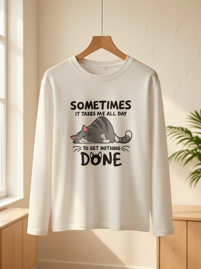Casual Top Featuring a Round Neck And a Cartoon Cat Print, Suitable for Machine Washing, Designed for a Regular Fit in Spring, Autumn, And Winter, Made from Comfortable Fabric