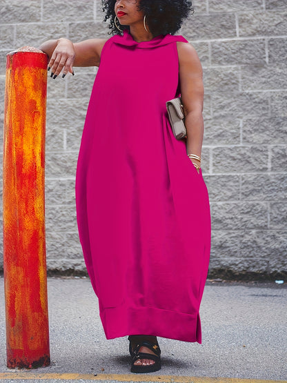 Plus Size, Elegant Side Slits, Hooded Design, Side Pockets, Plus Size Vest with Hooded Long Skirt, Solid Color Basic Simple Vest Long Skirt, Comfortable And Stretchy