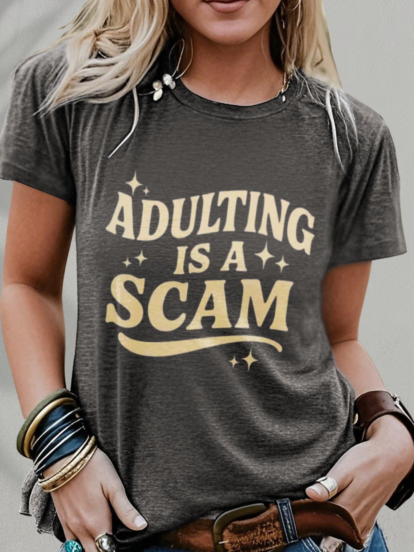 Women's Funny "Blended Adult Is a Scam" T-Shirt - Retro Humorous Slogan Short Sleeve Round Neck Blouse Suitable for Her Gift, Casual Statement Top for Daily Wear & Humor Apparel, Machine Washable Comfortable Everyday Outfits