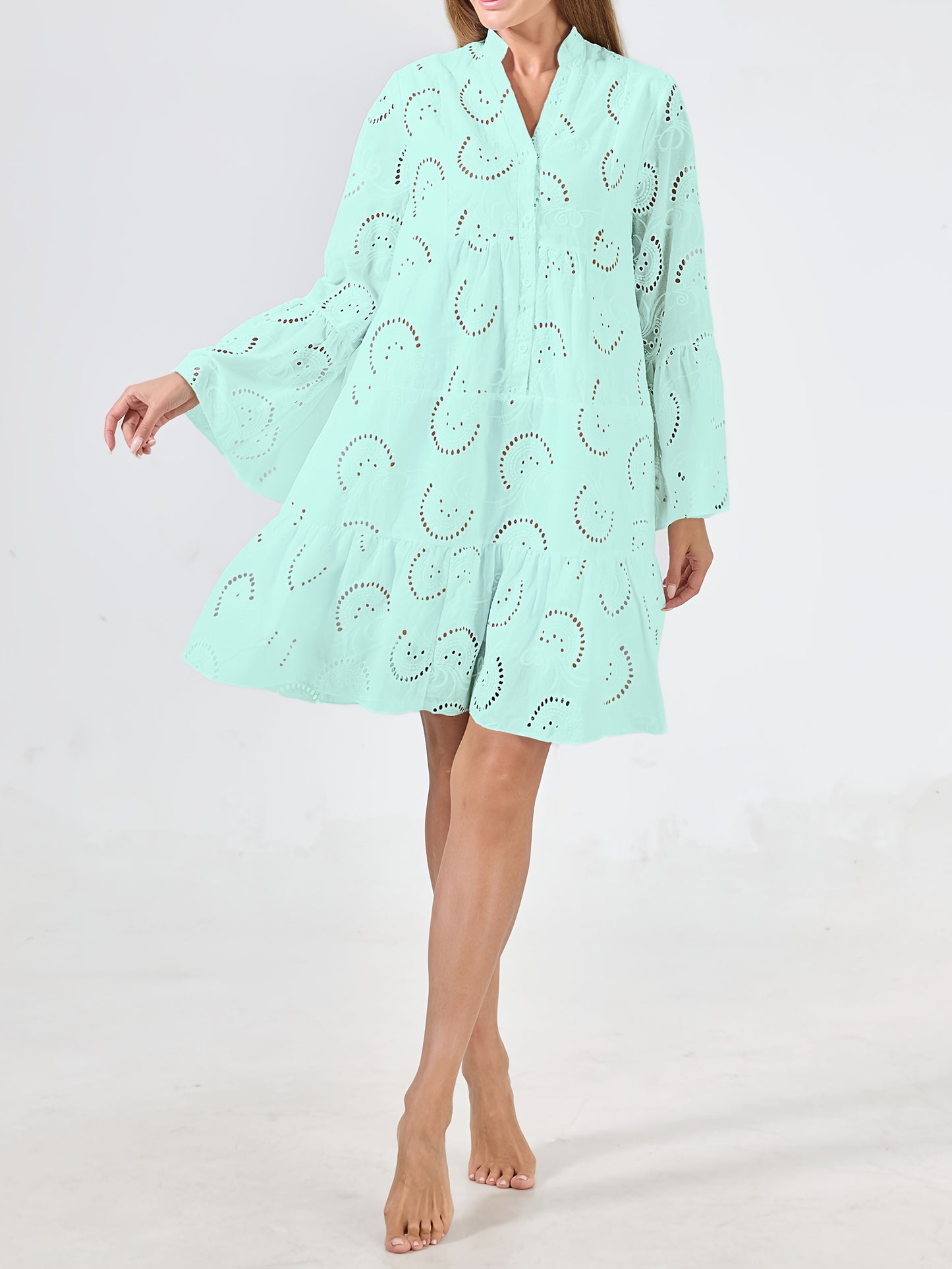 Elegant Mint Green V-Neck Shirt Dress with Bell Sleeves and Lace Cut-Out Detail - Chic Long Casual Dress for Women, Ideal for Home Gatherings and Parties, Casual Party Dress|Bell Sleeve Dress|Machine Washable Dress, Cute Dresses