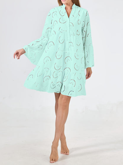 Elegant Mint Green V-Neck Shirt Dress with Bell Sleeves and Lace Cut-Out Detail - Chic Long Casual Dress for Women, Ideal for Home Gatherings and Parties, Casual Party Dress|Bell Sleeve Dress|Machine Washable Dress, Cute Dresses
