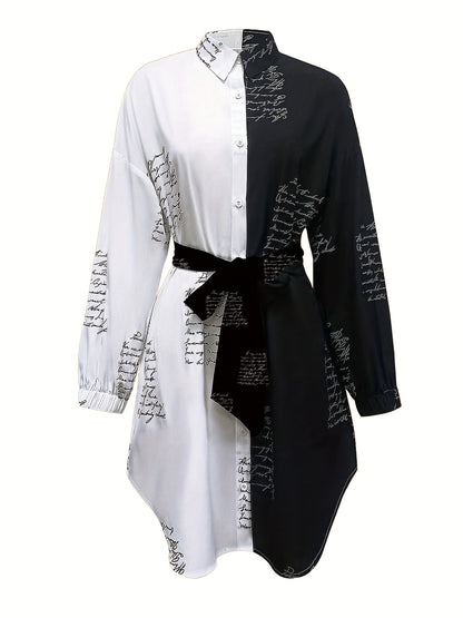 Women'S Black And White Contrast Color Shirt Dress With Waist Tie Design, Fashionable Printed Long-sleeved Shirt Dress, Very Suitable For Daily Wear
