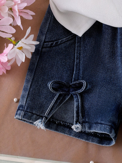 New 2pcs Baby Girls Set with 3D Flower And Bow Flutter Sleeve Top And Denim Shorts, Lightweight Breathable, Suitable for Daily School Outdoor Outings And Summer Outdoor Sports And Leisure for Girls, for Outdoor