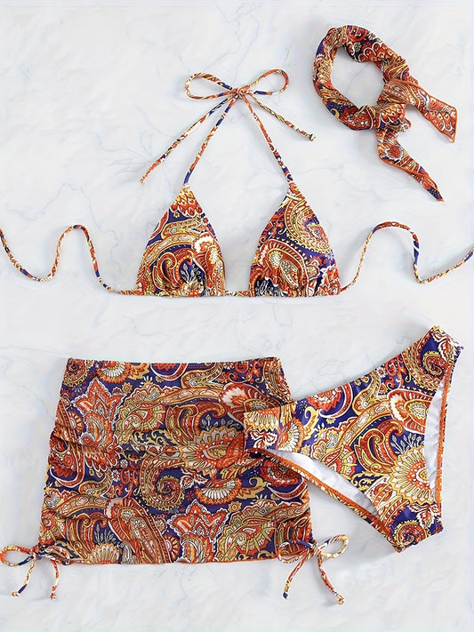 Three-piece Women's Bikini Set with Headscarf