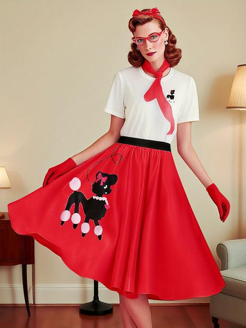 Ladies' Poodle Dress Set Retro Jumping Style 1950S Adult Women'S Halloween Costume T-Shirt Skirt Gloves, Scarf, Glasses, Earrings, Necklace Additions 8pcs Set