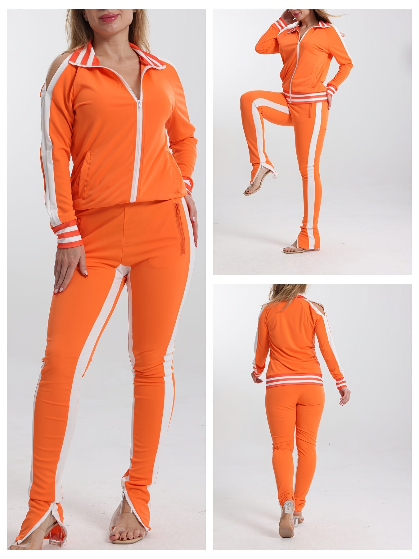 Women's 2pcs Athletic Tracksuit Set, Striped Contrast Shoulder Slit Top & Zipper Hem Sporty Pants, Activewear Lounge Set