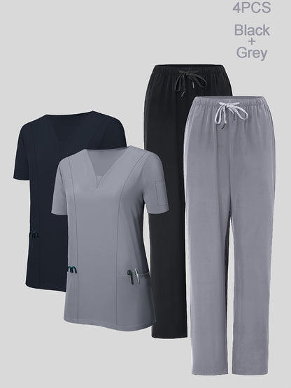 4pcs Set for Women'S V-Neck Matte Breathable Uniform Pocket Hand Washing Work Clothes Brush Hand Clothes Clothes Pants Set