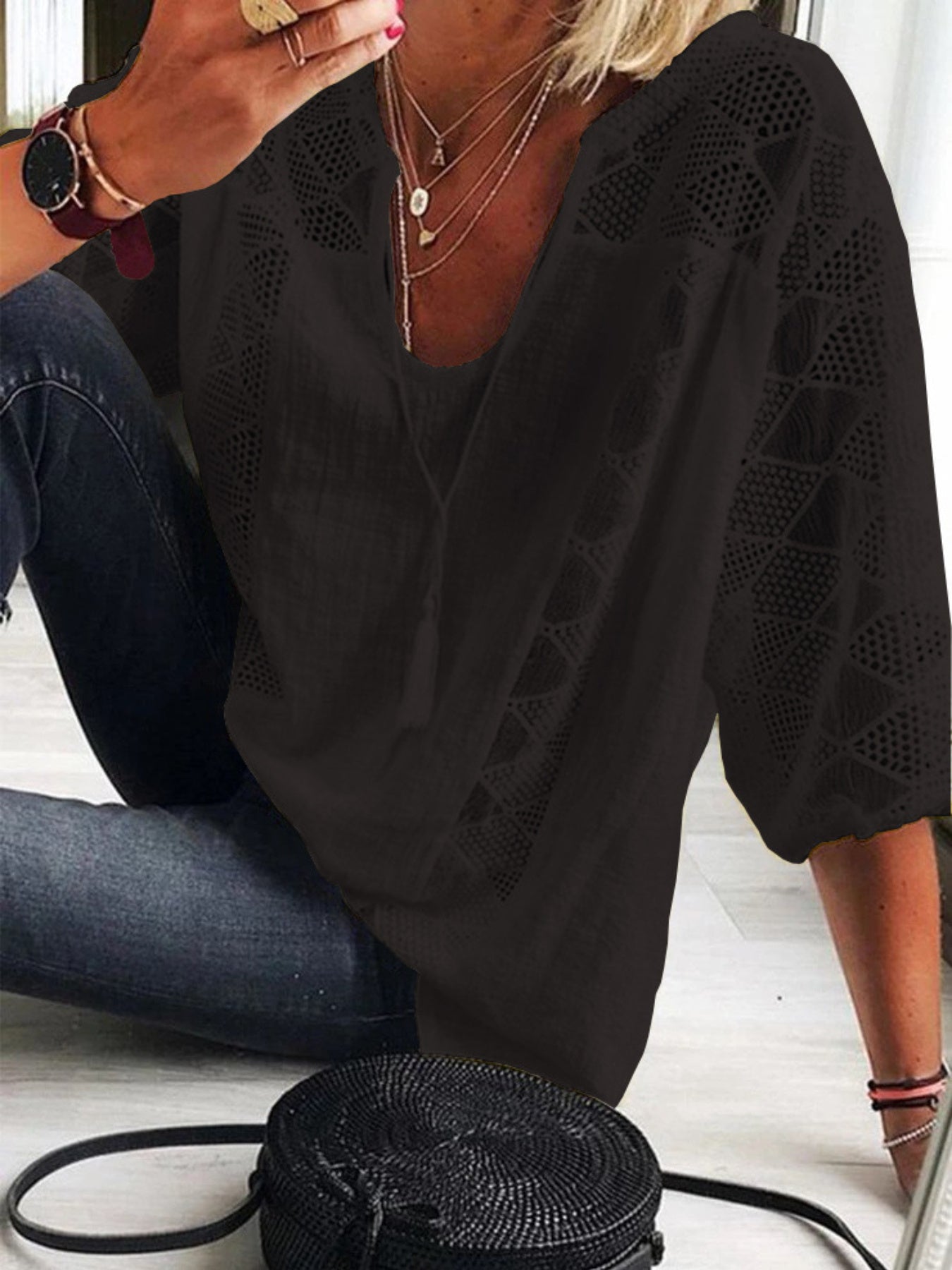 New U-Neck Lace Patchwork Top- Loose Three-Quarter Sleeve Design- Fashion Blouse