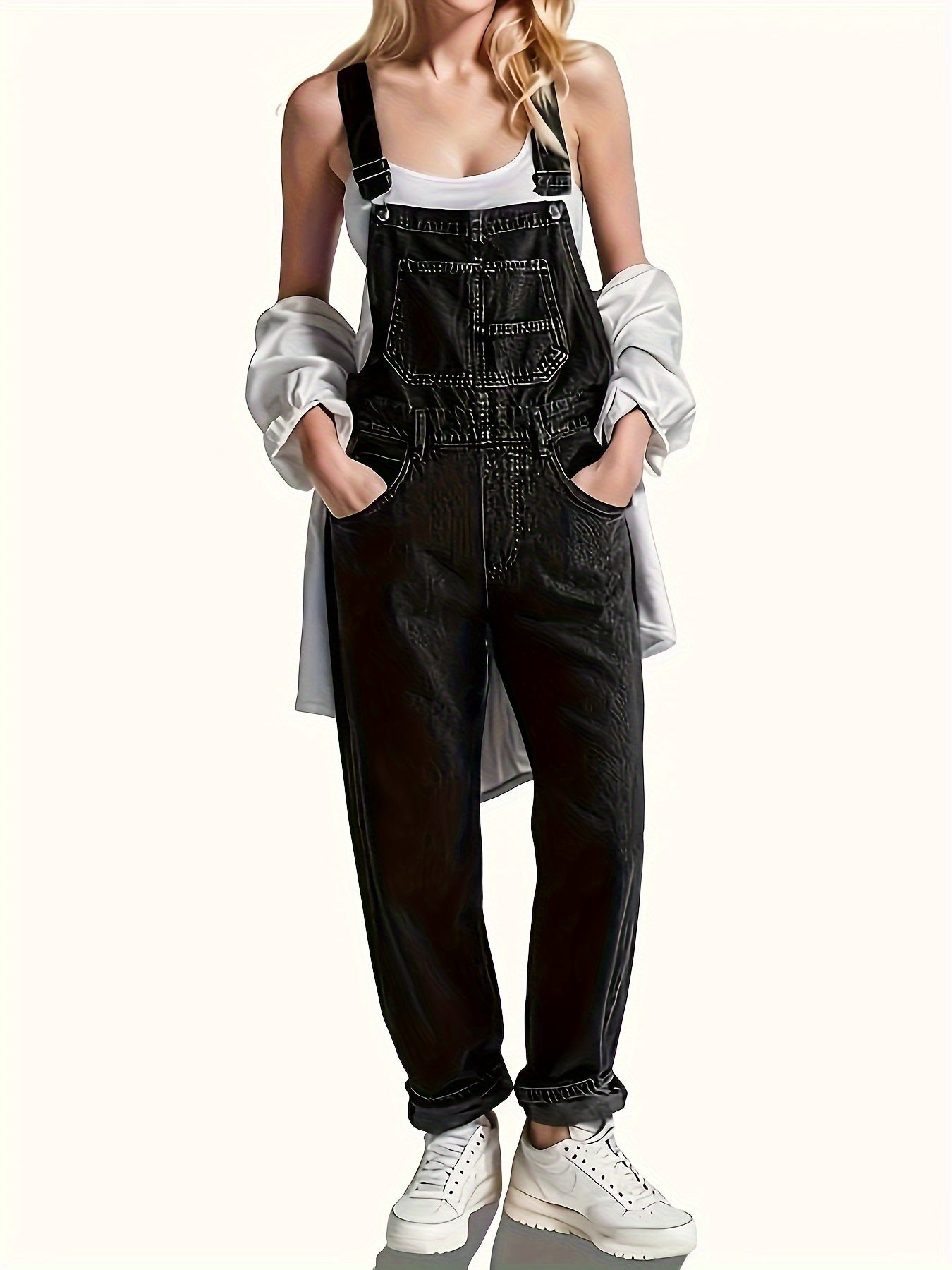 Solid Color Slant Pocket Coverall Jumpsuit, Casual Adjustable Strap Sleeveless Cross Back Coverall Jumpsuit, Suitable for Spring And Summer, Women'S Fashion
