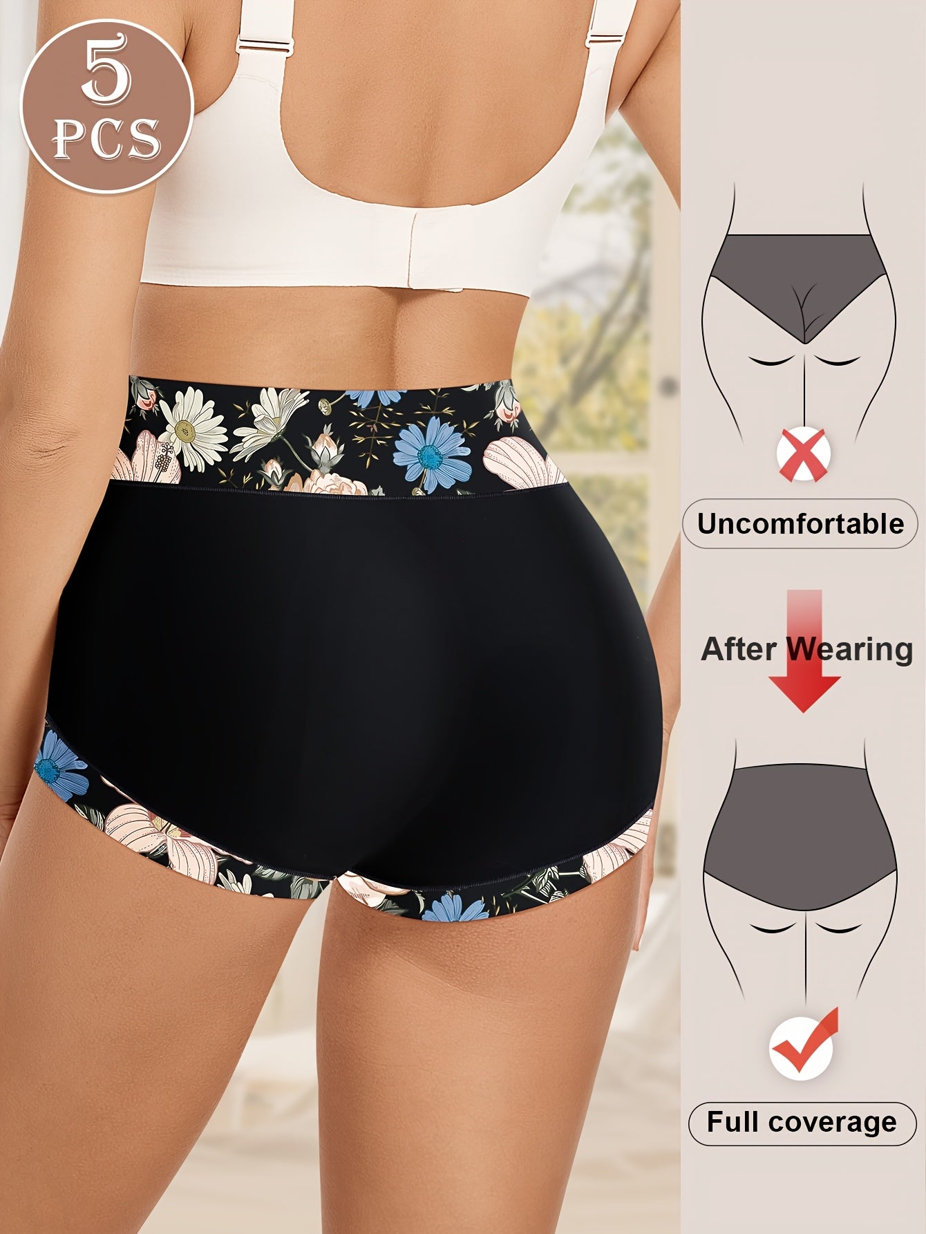 5pcs Elegant Panties Women's Floral Print High Waisted Soft Briefs