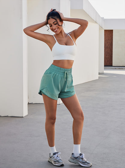 Women's Quick-Dry Shorts with Mesh Pockets, Breathable Polyester-Spandex Blend, Adjustable Drawstring Waist, Comfortable Elastic Waistband - Mint Green, Perfect for Casual Wear