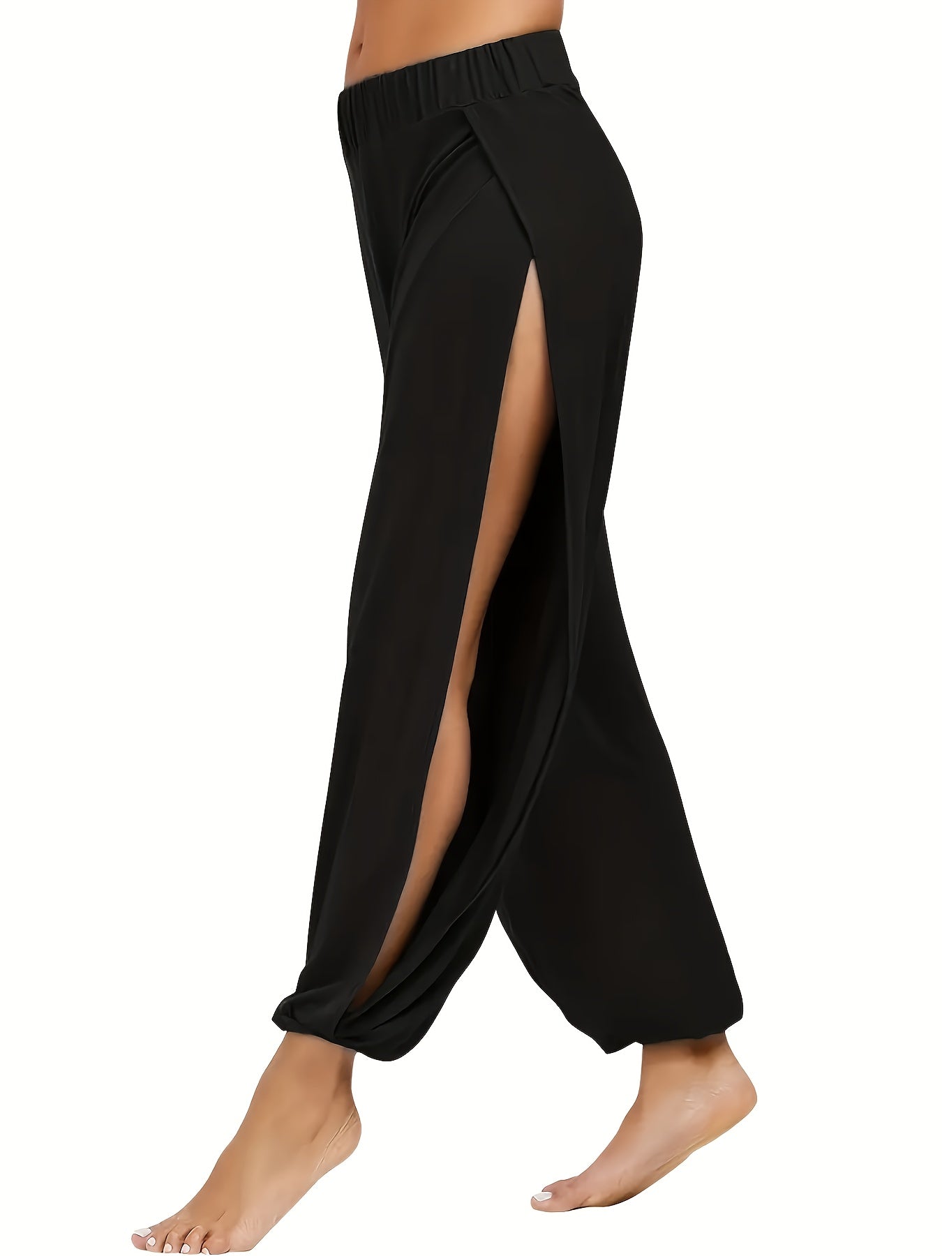 High - Waisted Harem Pants For Women. Thigh - Split Design. Black, Loose And Casual. Breathable + For Elasticity. Versatile For Spring, Summer And Autumn. Flowing And Draping Lantern - Style Pants.
