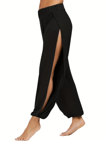 High - Waisted Harem Pants For Women. Thigh - Split Design. Black, Loose And Casual. Breathable + For Elasticity. Versatile For Spring, Summer And Autumn. Flowing And Draping Lantern - Style Pants.