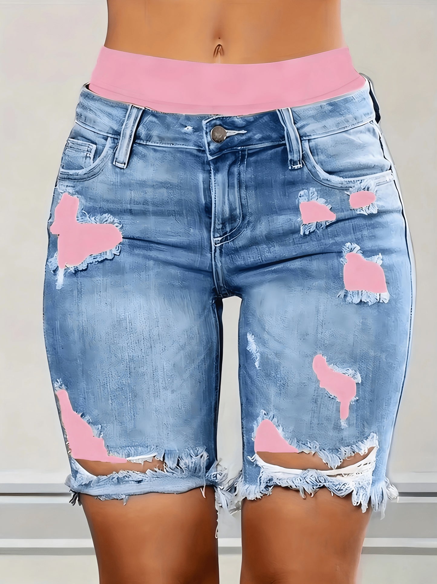 Denim Shorts, Color Block Printed Ripped Shorts/w Fitness Running Shorts