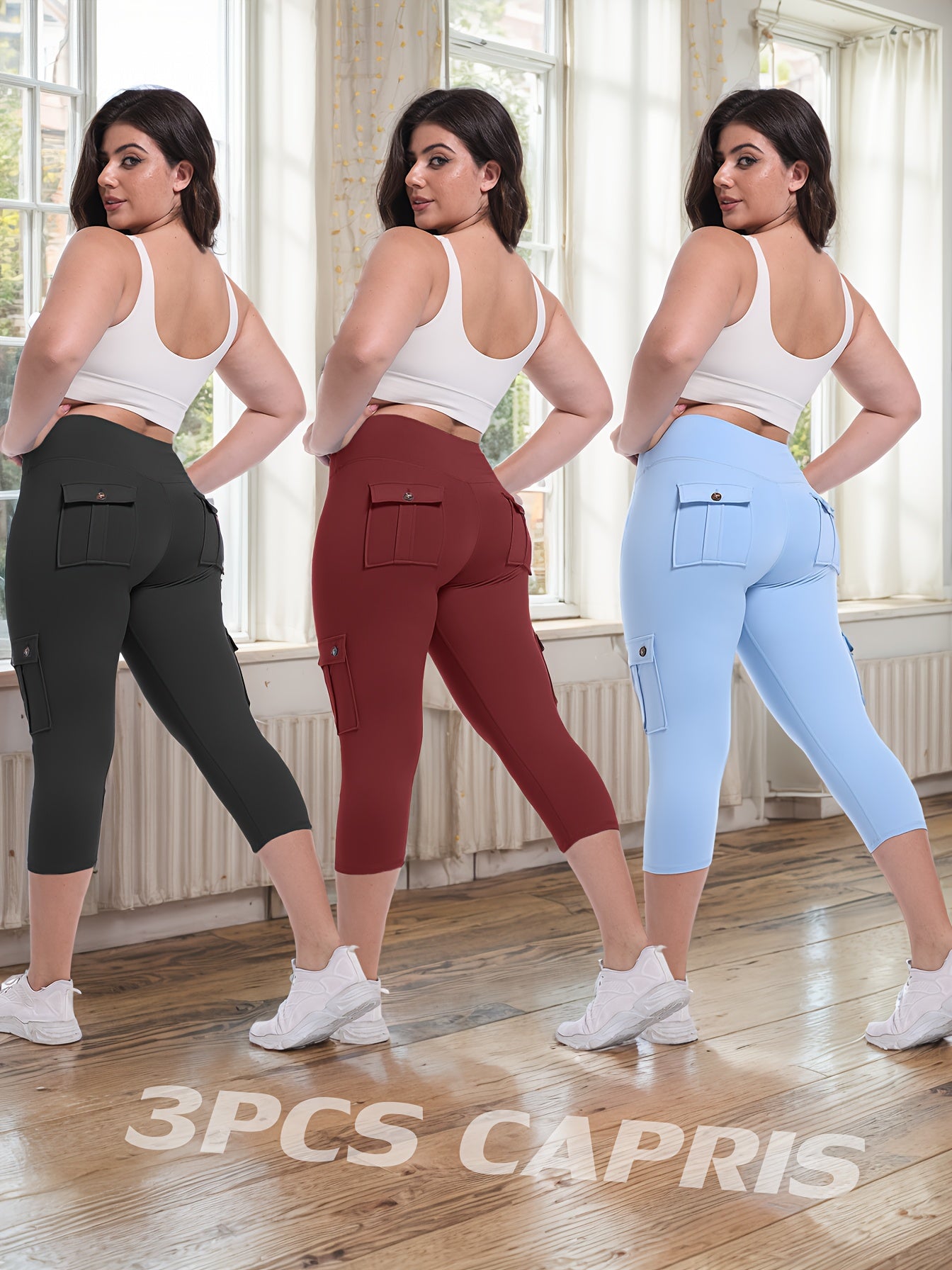 3-packs High Waist Yoga Capri Pants 3pcs Capri Pants Set, 4 Way Stretch Butt Lifting Tummy Control, 4 Button Pockets Workout Running Sports Pants