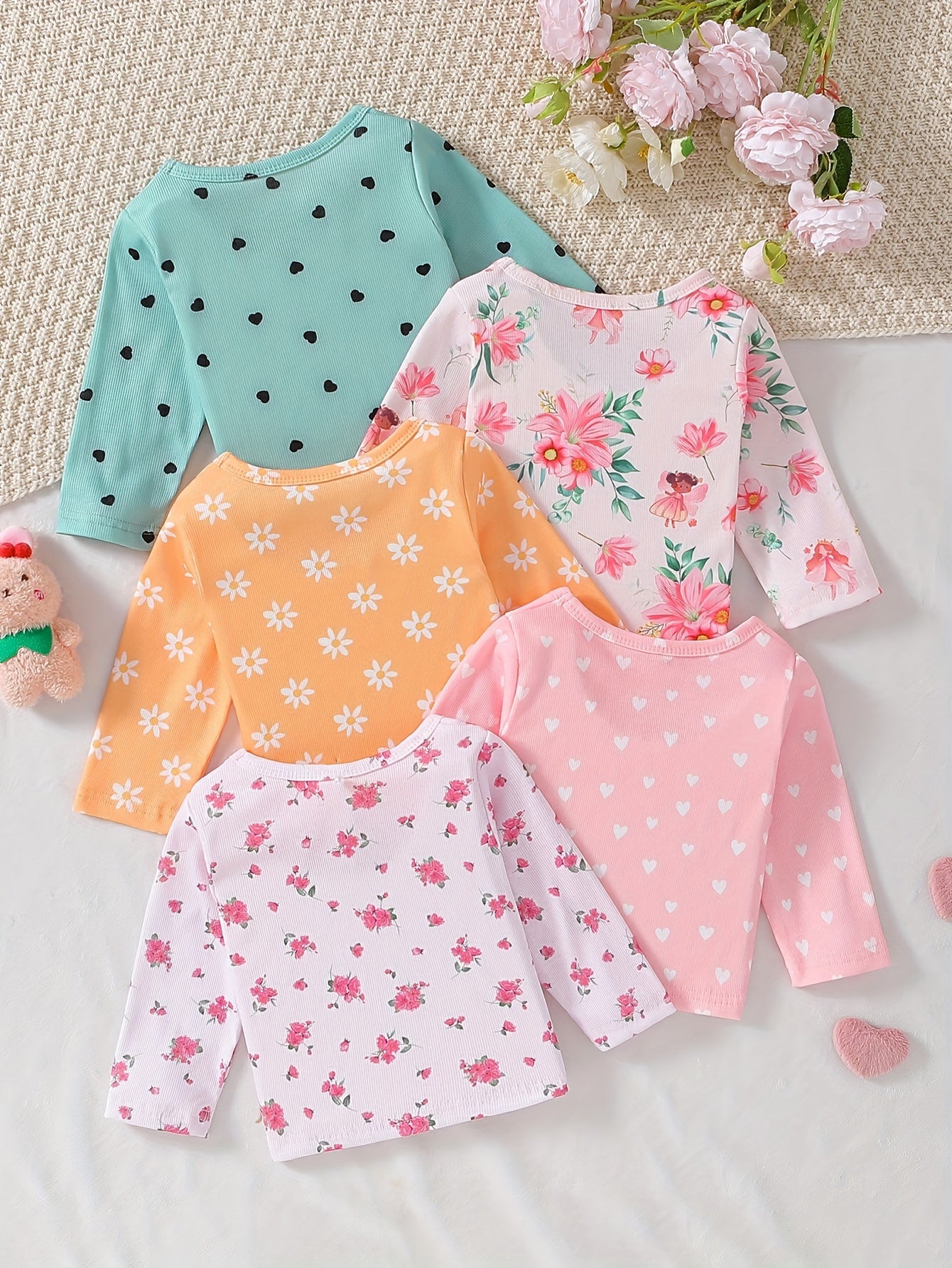 Girls' Clothing | School Season Gifts | Baby Girl Clothing | Baby Girl T-shirt | Baby Girl Spring/summer Casual Cute Flower Heart Print Long-sleeved Round-neck T-shirt (5pcs Set) | School Season | Valentine's Day