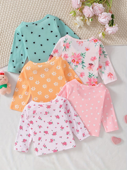 Girls' Clothing | School Season Gifts | Baby Girl Clothing | Baby Girl T-shirt | Baby Girl Spring/summer Casual Cute Flower Heart Print Long-sleeved Round-neck T-shirt (5pcs Set) | School Season | Valentine's Day