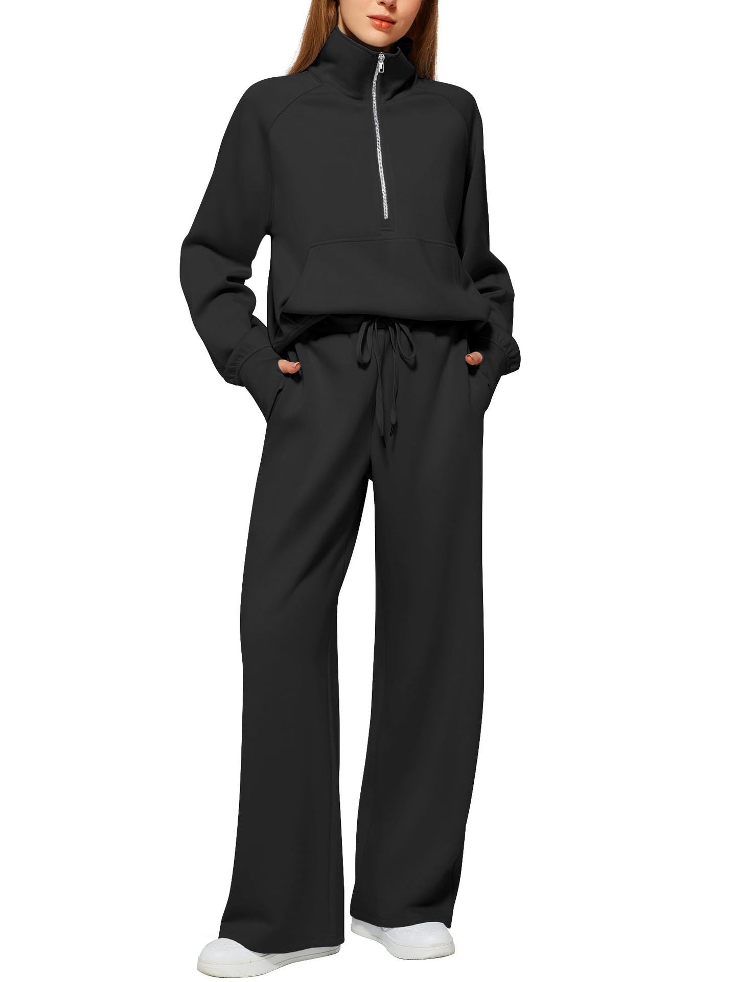2Pcss Outfits for Women, Oversized Half-Zip Sweatshirt And Wide Leg Sweatpants Set, 2026 Spring Casual Lounge Tracksuit Women'S Trendy 2Pcss Matching Set, Oversized Quarter-Zip Pullover And Loose Wide Leg Trousers, Chic Spring Sporty Outfits