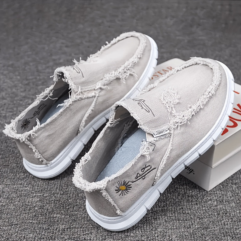 Men's Plus Size Breathable Canvas Loafers - Comfortable All-season, Low-top Lace-up Casual Semi-formal Shoes, Gray And Black Round-toe Design, Breathable Material, Couple Style Available, Widened Men's Shoes, High-quality Men's Shoes