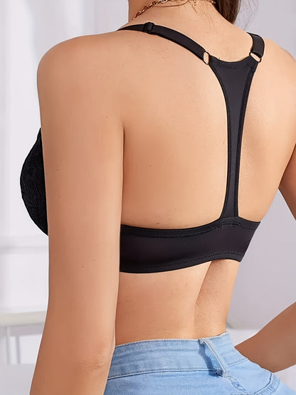 6pcs Women's Push-Up Bras Front Closure Underwire High Support - Breathable Nylon Lace Trim Non-Removable Padding, Valentine's Day & Mother's Day Gift for Her (Red/Blue/White/Black)