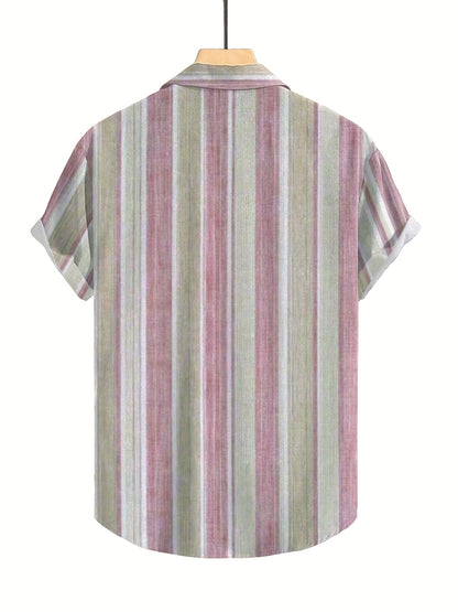 1pc Men'S Casual Striped Short Sleeve Shirt - Polyester 95%, Spandex 5% Blend, Summer Lapel Collar, Woven Fabric, Regular Fit with Button Details, Plus Size