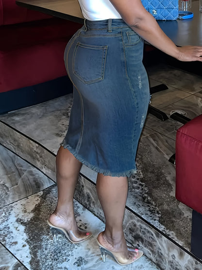 Vintage High-Waisted Denim Midi Skirt with a Raw Hem - Stretchy, Machine Washable, And Perfect for Casual Wear in Spring, Summer, And Fall. Features a Distressed Look And Non-Transparent Fabric.