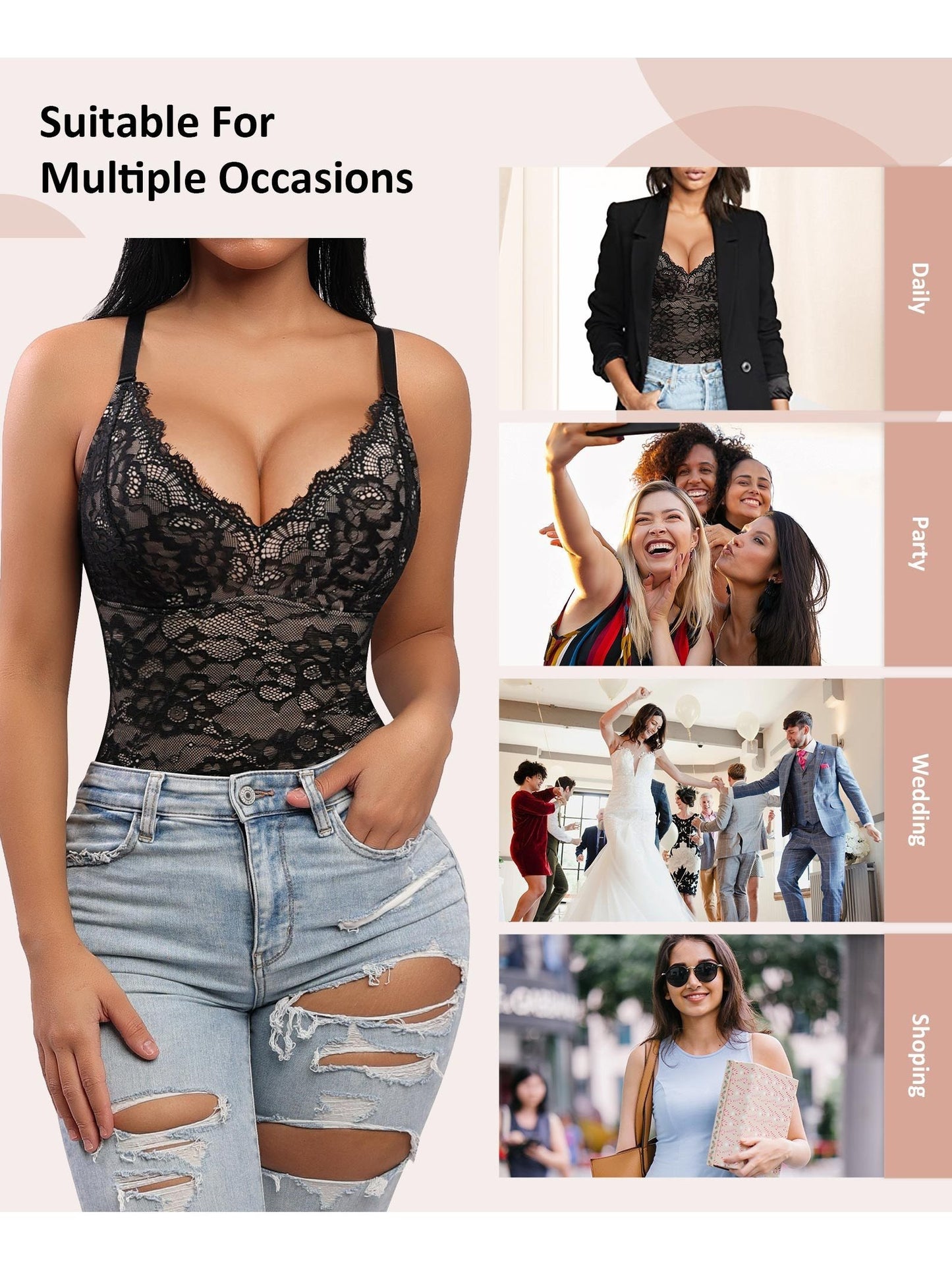 FeelinGirl Shapewear Bodysuits for Women Lace Shapewear Tummy Control V-Neck Sleeveless Bodysuit Tops Jumpsuit