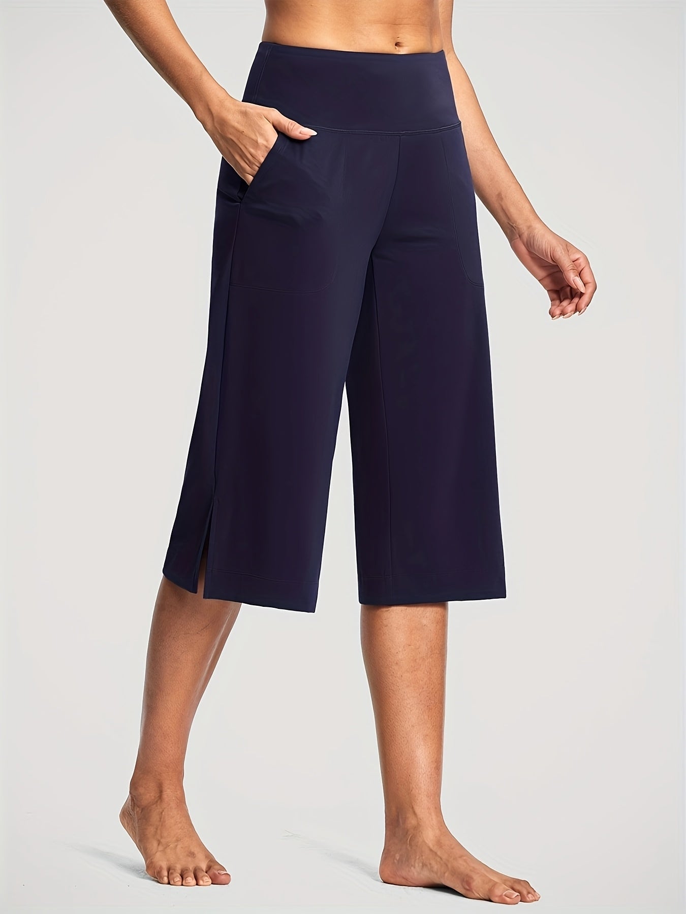 18'' Women's High-Waisted Wide Leg Yoga Capri Pants with Elastic Waist - Loose Comfortable Stretchable Soft Pants Suitable for Yoga, Workout, Casual & for Business Occasions - Spring Summer Fall Wearable with Practical Pockets (No Needed)