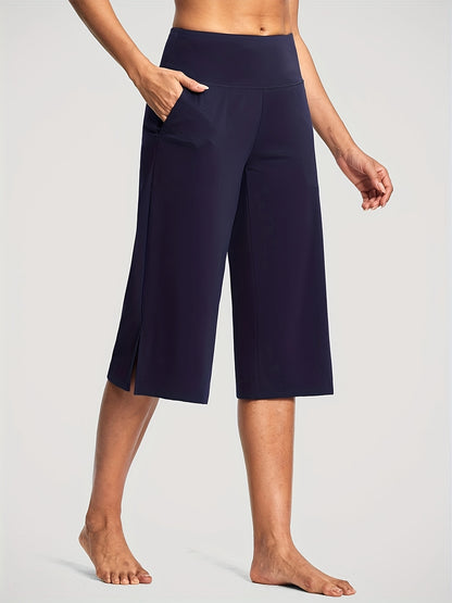 18'' Women's High-Waisted Wide Leg Yoga Capri Pants with Elastic Waist - Loose Comfortable Stretchable Soft Pants Suitable for Yoga, Workout, Casual & for Business Occasions - Spring Summer Fall Wearable with Practical Pockets (No Needed)
