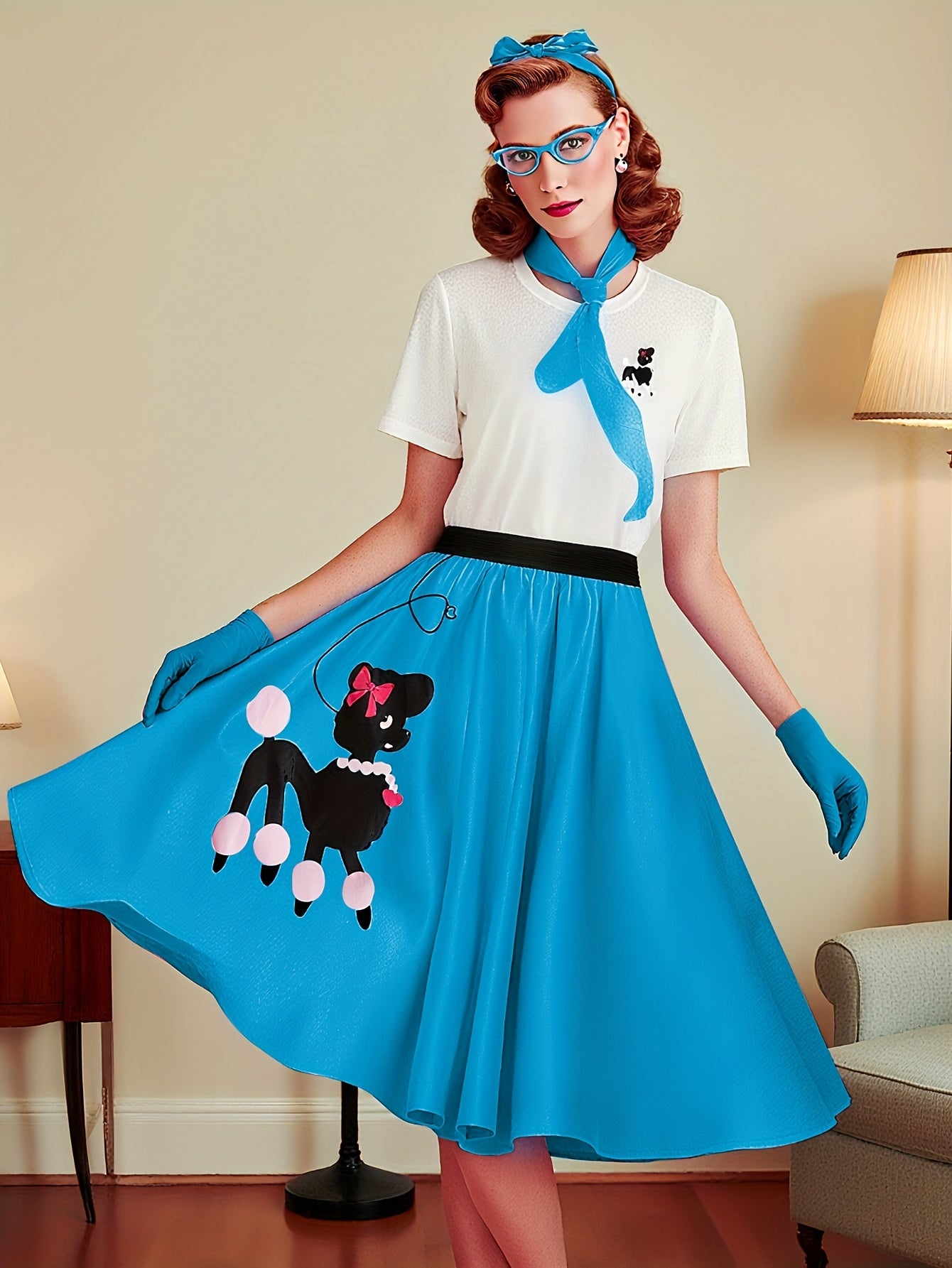 Ladies' Poodle Dress Set Retro Jumping Style 1950S Adult Women'S Halloween Costume T-Shirt Skirt Gloves, Scarf, Glasses, Earrings, Necklace Additions 8pcs Set