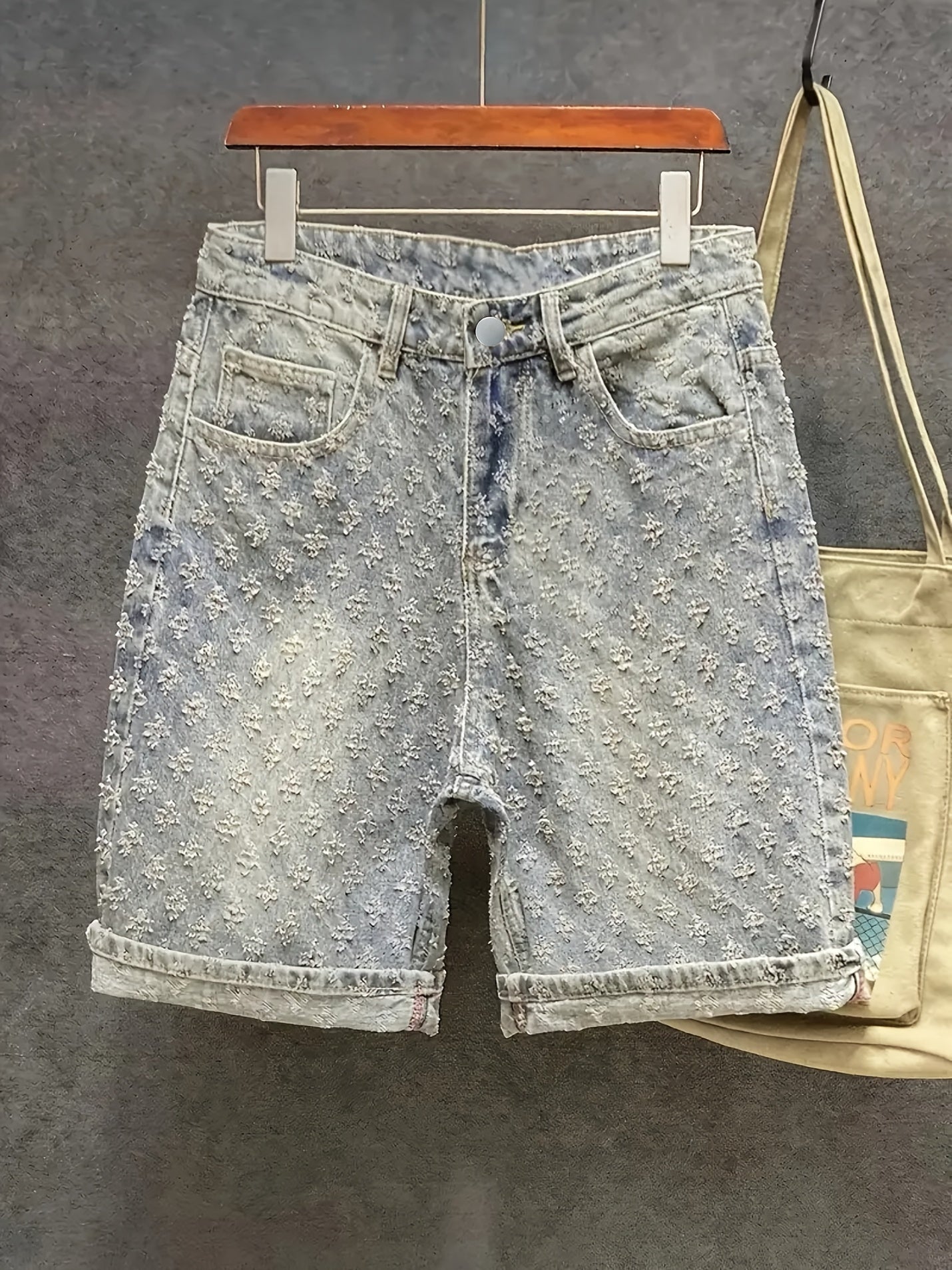 Men'S High-Street Fashion Distressed Knee-Length Denim Shorts - Relaxed Straight-Leg Fit with Geometric Embroidery, Machine Washable Summer Casual Shorts for Plus Size