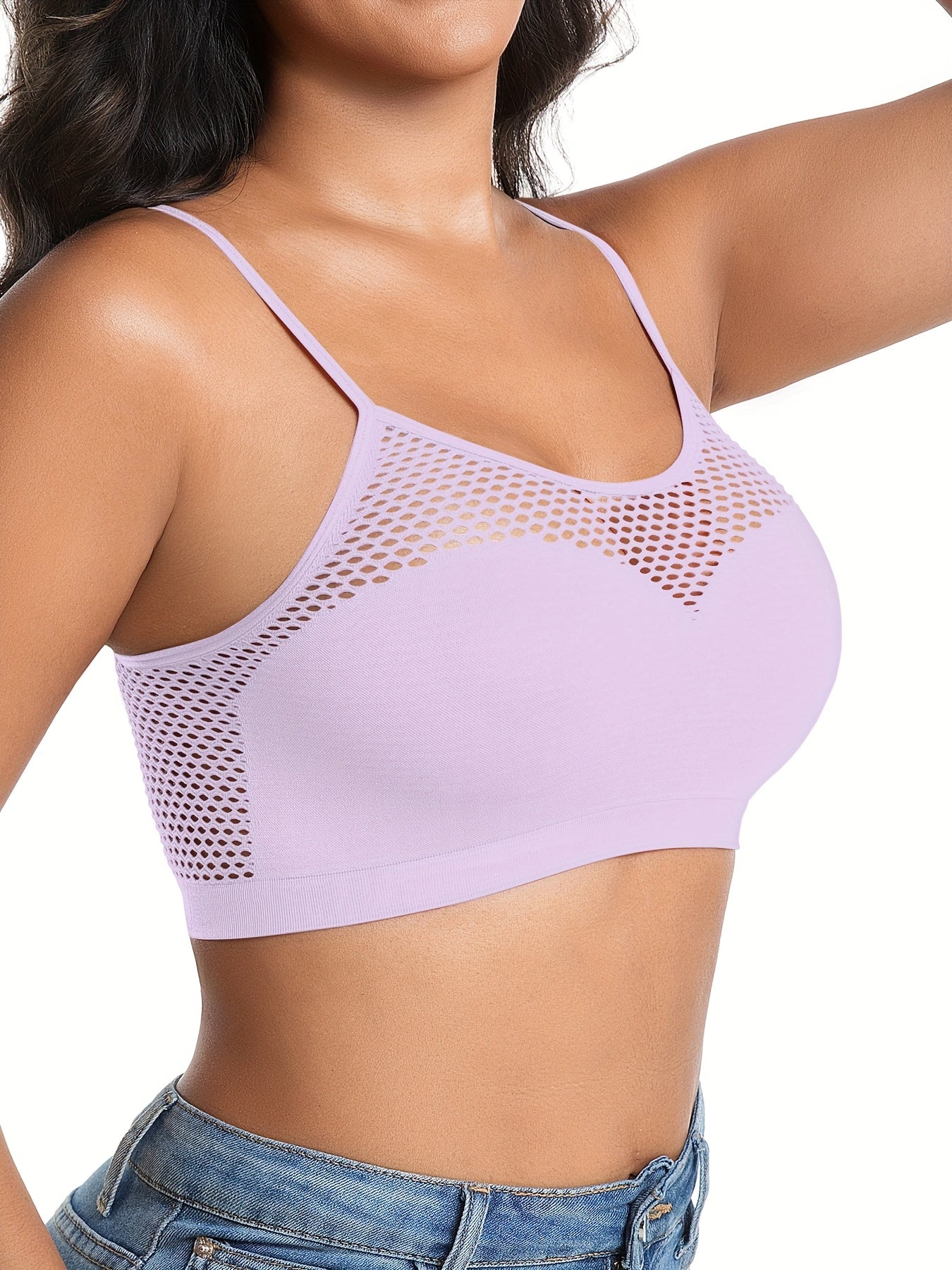 Set of 5 Colorful Women'S Casual Sports Bras, Designed Without Wires Or Padding for Daily Use, Showcasing an Alluring Fishnet Pattern That Accentuates The Bust, a Lovely Back, And Adjustable Straps