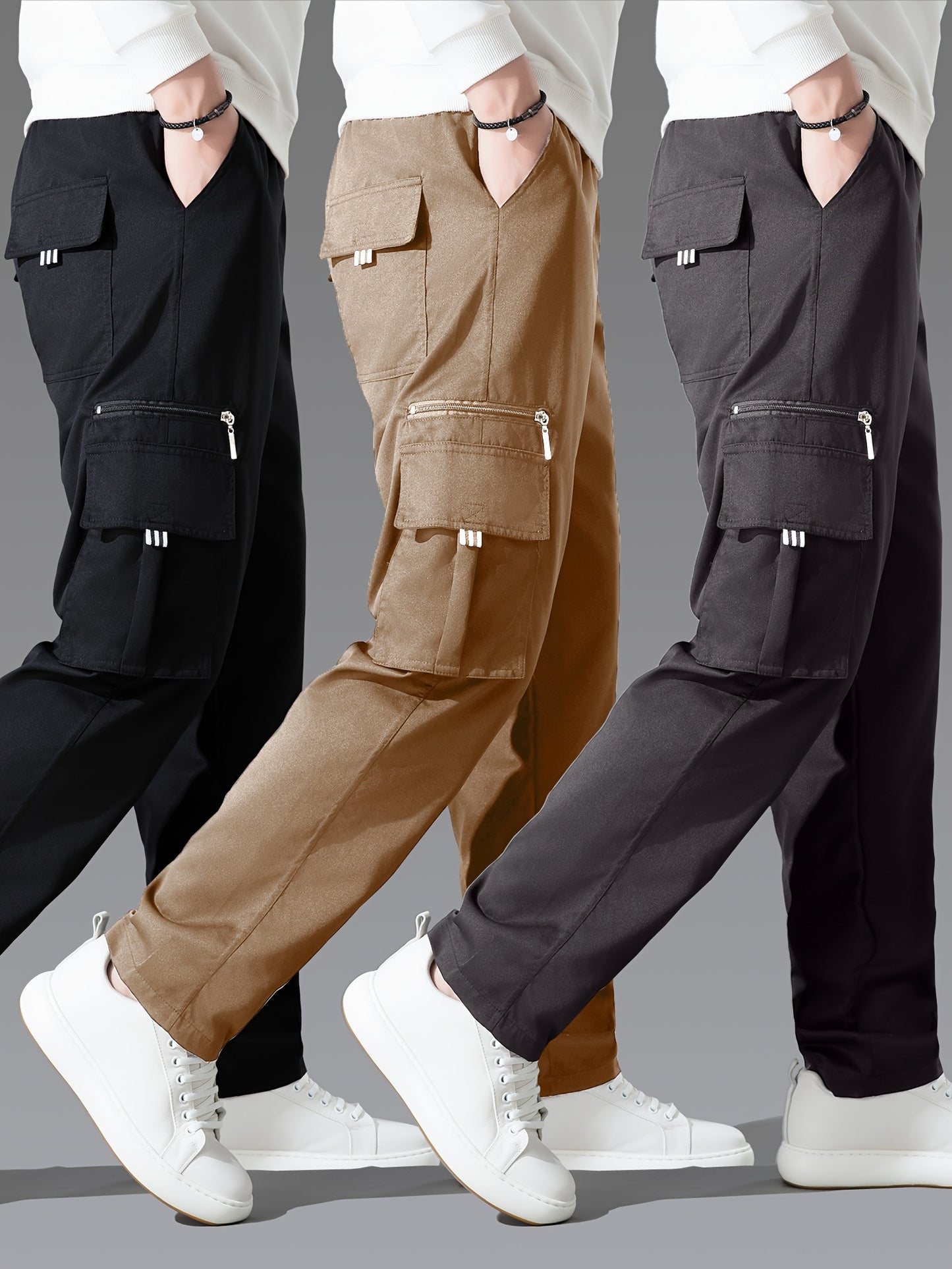 3pcs Men'S Casual Solid Color Cargo Pants, Polyester Non-Stretch Woven Fabric, Multiple Pockets, Regular Fit, Spring/Fall Season, Hiking & Outdoor Scene, Weekend Casual Occasion, Thick