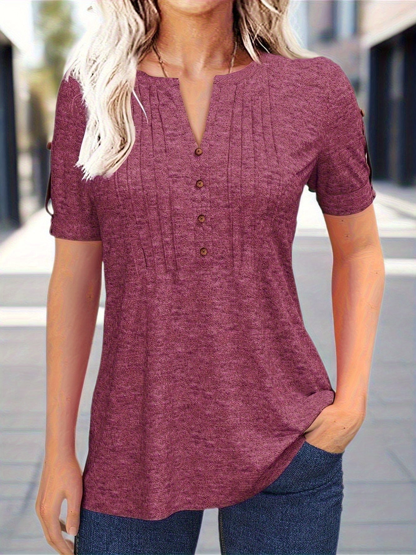 Casual Short-Sleeve Blouse for Women with a Solid Color, Featuring a Pleated Design, Buttoned V-Neck, And a Zipper