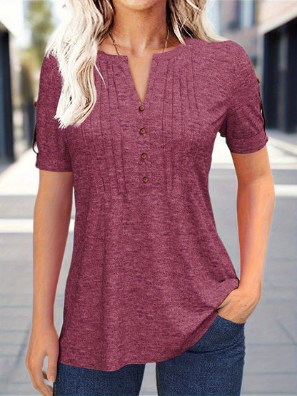 Casual Short-Sleeve Blouse for Women with a Solid Color, Featuring a Pleated Design, Buttoned V-Neck, And a Zipper