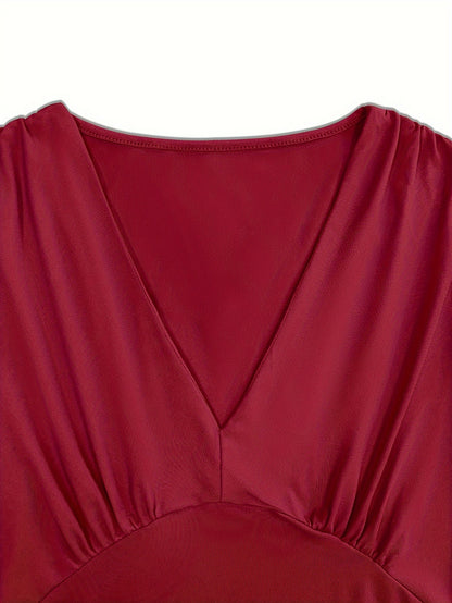 Spring&Summer Women'S Tops Elegant Long Sleeve Wine Blouse - Slim Fit, Cross V-Neck, Balloon Sleeves, Christmas Wear In Burgundy