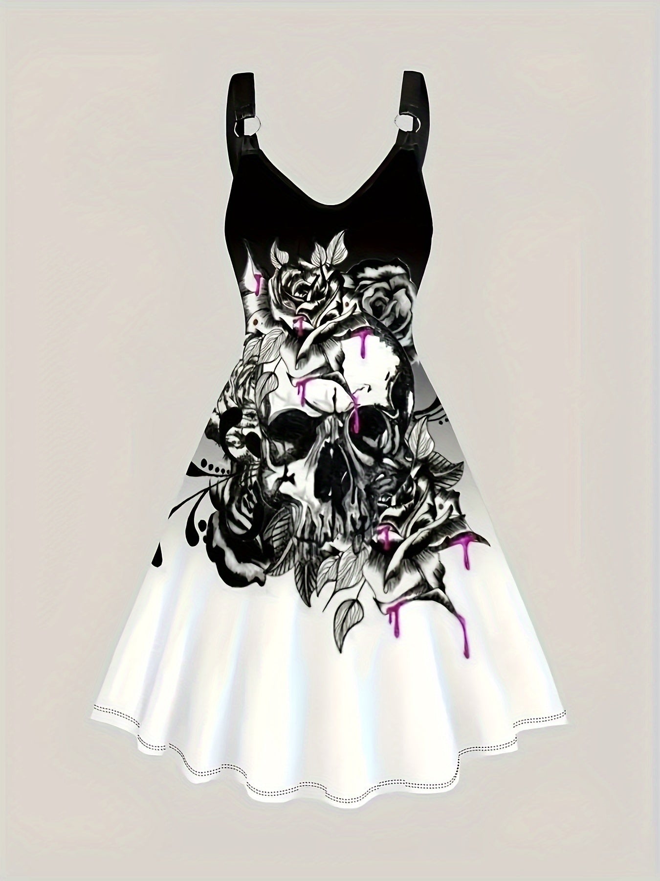 Women's Clothing - Skull Flower Printed Dress V Neck Sleeveless Dress - Polyester - For Casual Wear - Perfect Gift for Fashionable Women