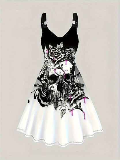 Women's Clothing - Skull Flower Printed Dress V Neck Sleeveless Dress - Polyester - For Casual Wear - Perfect Gift for Fashionable Women