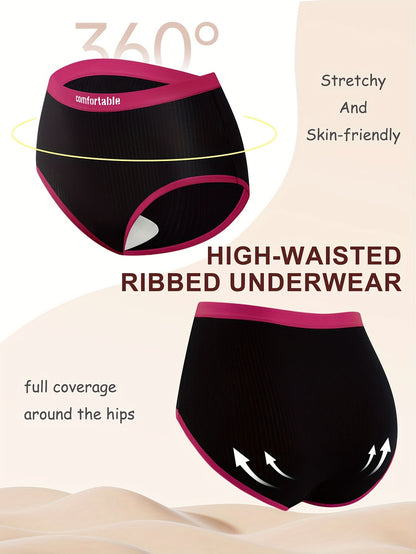 5pcs Women's Full-Coverage Mid-High Waist Underwear - High-Waisted Triangle Panties Suitable for Daily Wear, Breathable Stretch Elegant Contrast Color Underwear, Non-Sheer Full Coverage Lingerie (Hand Washable)