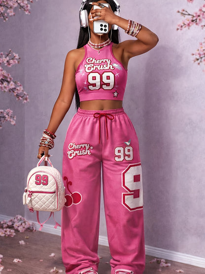 Vest Wide-Leg Pants - Two-Piece Set - Casual Street Fashion Versatile - Color-Blocking Belt Jumpsuit - Loose Pants Suit - Party Sexy Hot Outfit - Number 10 Print Drawstring Waistband - Suitable for Multiple Occasions