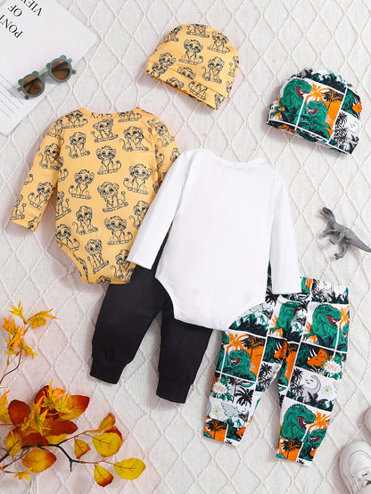 6pcs Boys' Autumn and Winter Set with Yellow Lion Patterns, White Dinosaur Cartoon Print Long Sleeve Rompers, Black Lion Print Pants, and Matching Hat - Cute Outfit, for Outdoor, Cold Weather Clothing, Seasonal Baby Wear, Playful Clothes, Comfortable Romp