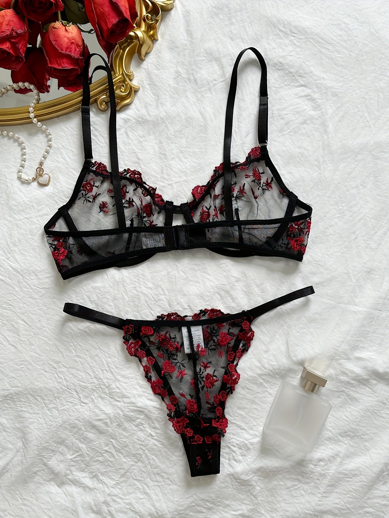 Christmas Gift Women'S Sexy Lingerie Combination Bra Underwear Chic Lingerie Set Available In Soft Pink, Elegant Black-Red, Romantic Burgundy, And Stylish Black-Blue, Vibrant Rose Embroidery On Sheer Mesh And Feminine Ribbon Details