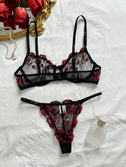 Christmas Gift Women'S Sexy Lingerie Combination Bra Underwear Chic Lingerie Set Available In Soft Pink, Elegant Black-Red, Romantic Burgundy, And Stylish Black-Blue, Vibrant Rose Embroidery On Sheer Mesh And Feminine Ribbon Details