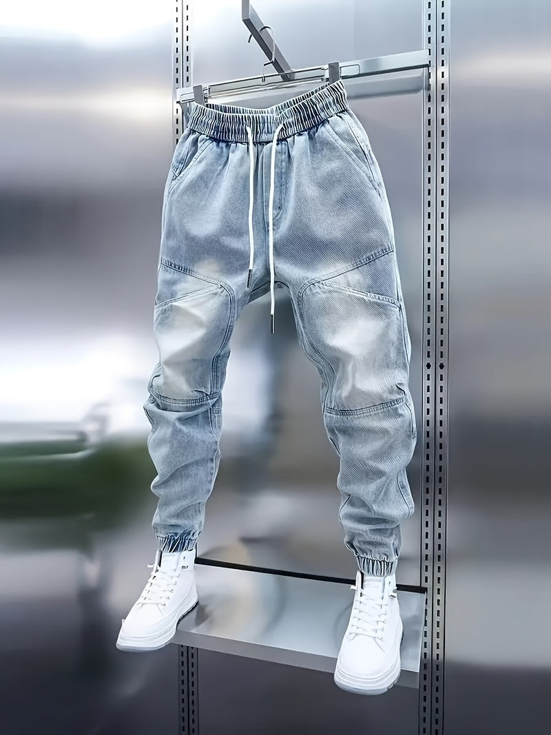 Elastic Waist Dad Jeans, Street Style, Solid Color, Suitable for All Seasons
