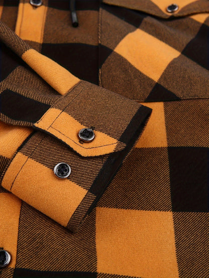 New Men'S Plaid Hooded Long-Sleeved Shirt Outdoor Casual Shirt Jacket | Flannel with Pocket Double Bag Double | Inner Lining Is Thickened | Thermal Shirt